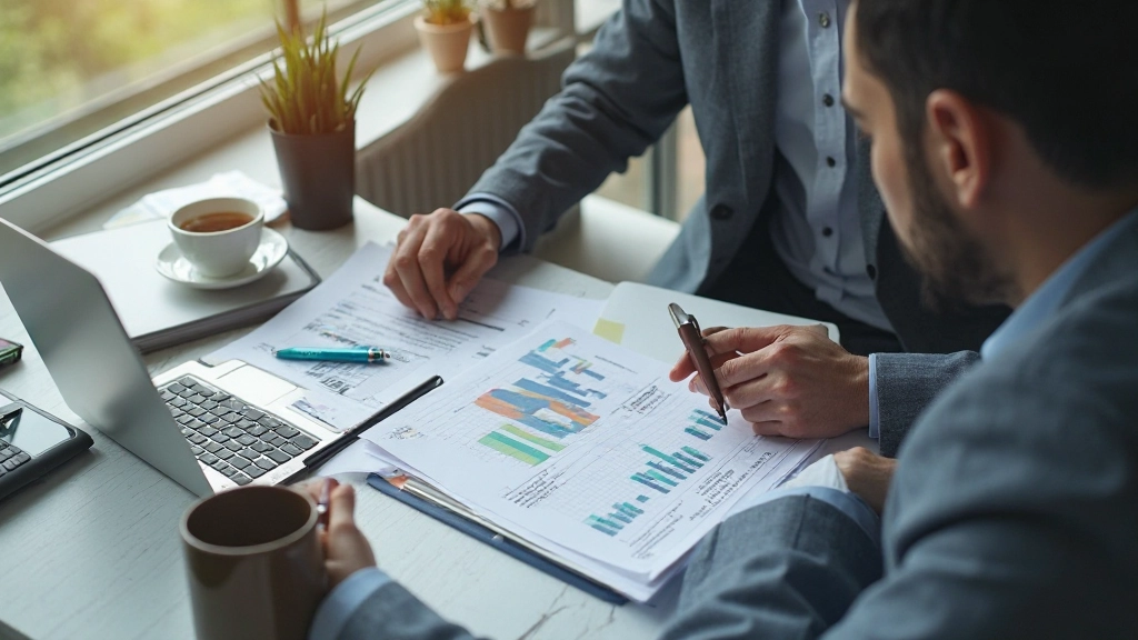 Person analyzing financial documents and budget spreadsheet on laptop in home office