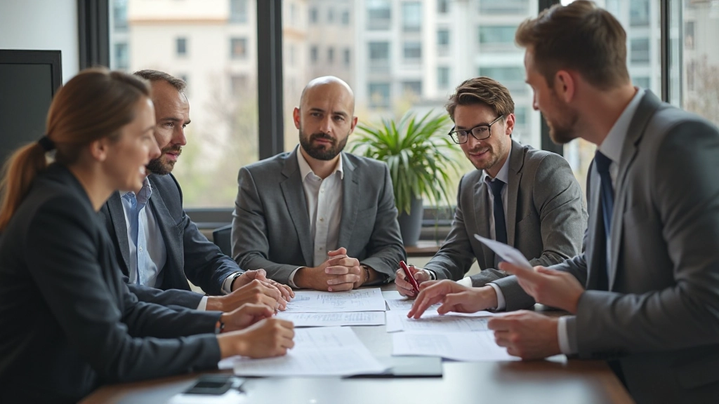 Team meeting in modern conference room with professionals discussing daily planning strategy