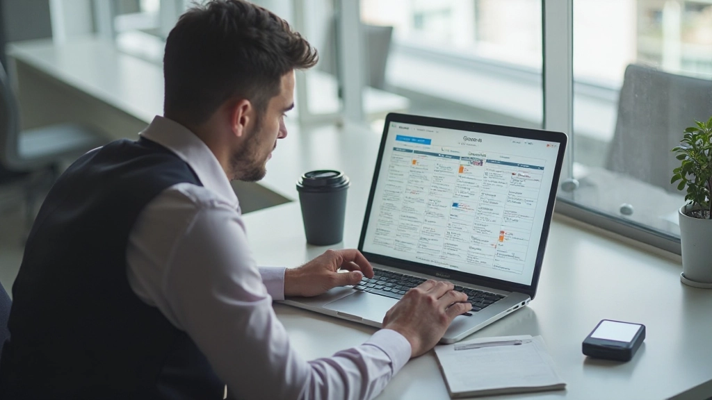 Успешный специалист, анализирующий расписание блокирования времени на ноутбуке в офисной среде